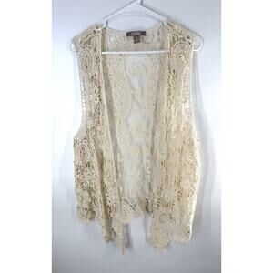 Chico’s Size 3 Women’s Cream Beige Crochet Open Vest Layering XL Boho Lace